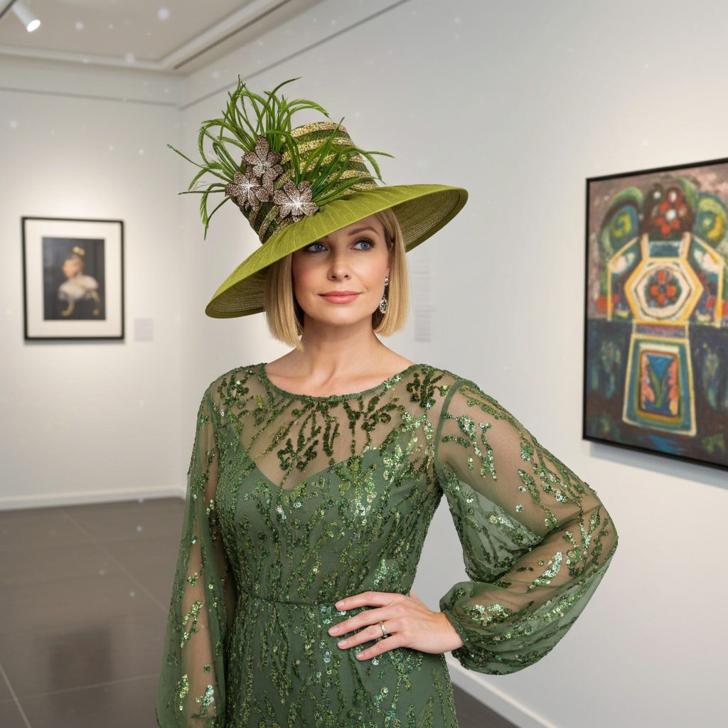Woman in a green dress and hat posing in an art gallery.