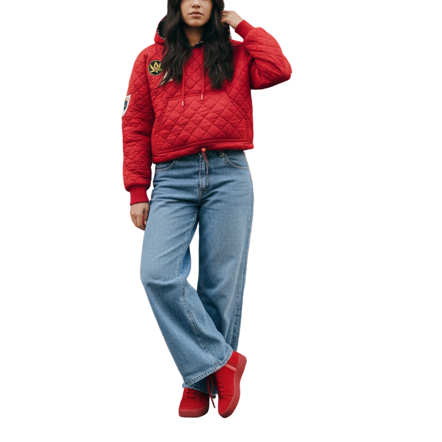 Person wearing a red quilted jacket and jeans standing in front of a graffiti-covered wall.