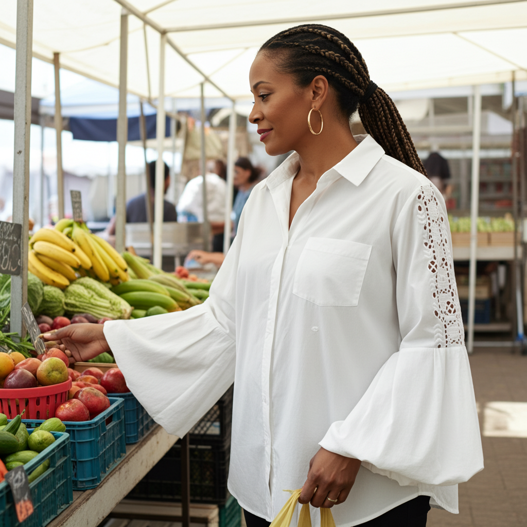Woman shopping at an outdoor farmers market with produce in the background