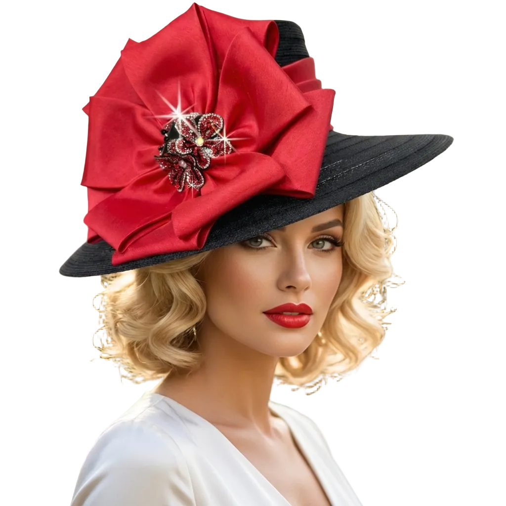 Woman wearing a black hat with a large red flower and decorative brooch, outdoors.