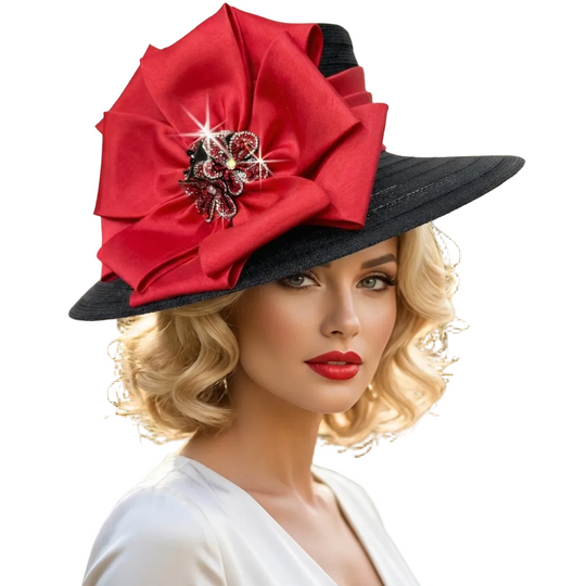Woman wearing a black hat with a large red flower and decorative brooch, outdoors.
