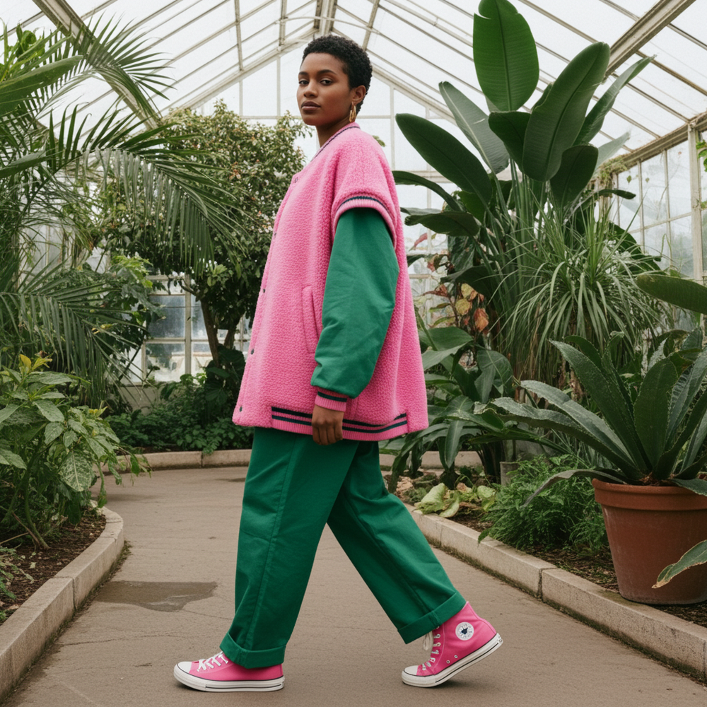 Person wearing a pink coat and green pants walking through a greenhouse.