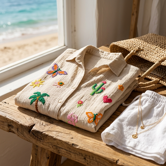 Embroidered Motif Gauze Cotton Oversized Shirt - One Size - Beige