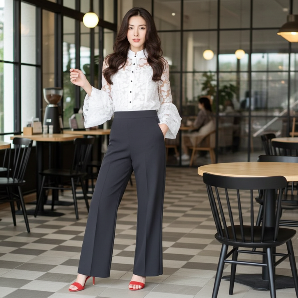 Woman in a white blouse and dark pants standing in a modern cafe.