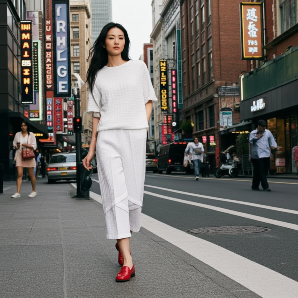 Woman in a white outfit with red shoes walking on a city street with neon signs.