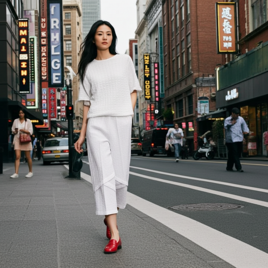 Woman in a white outfit with red shoes walking on a city street with neon signs.