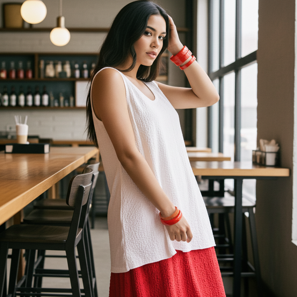 Woman in a white top and red skirt standing in a restaurant.
