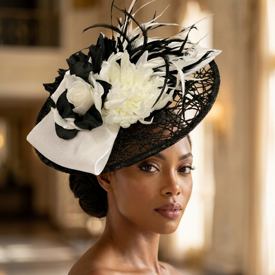 Woman wearing a black and white decorative hat with flowers against a blurred background