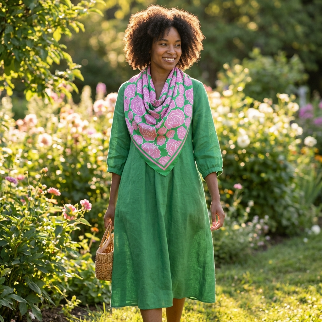 Pink & Green Rose Print Square Scarf