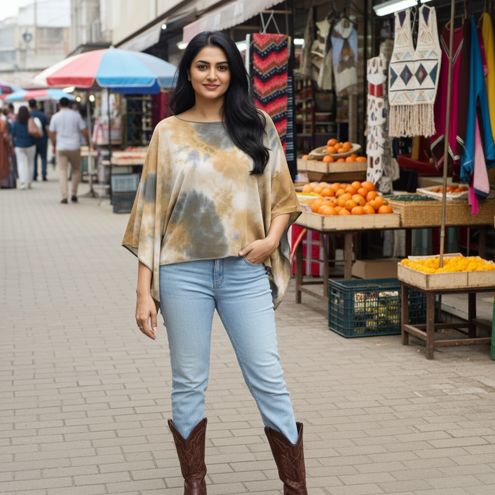 Woman standing in an outdoor market with colorful stalls and fruits.