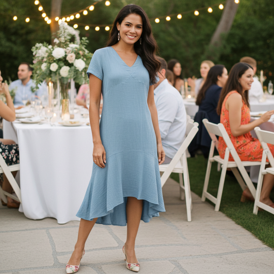 Woman in a blue dress standing outdoors at a social event with tables and people in the background.