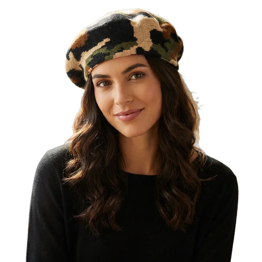 Woman wearing a camouflage beret indoors
