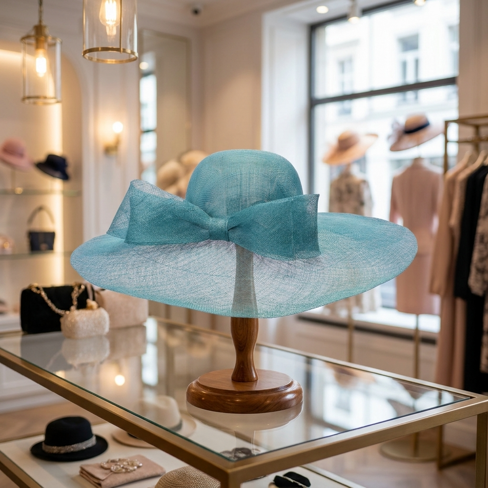 Light blue hat on a mannequin stand in a store setting with clothing and accessories.