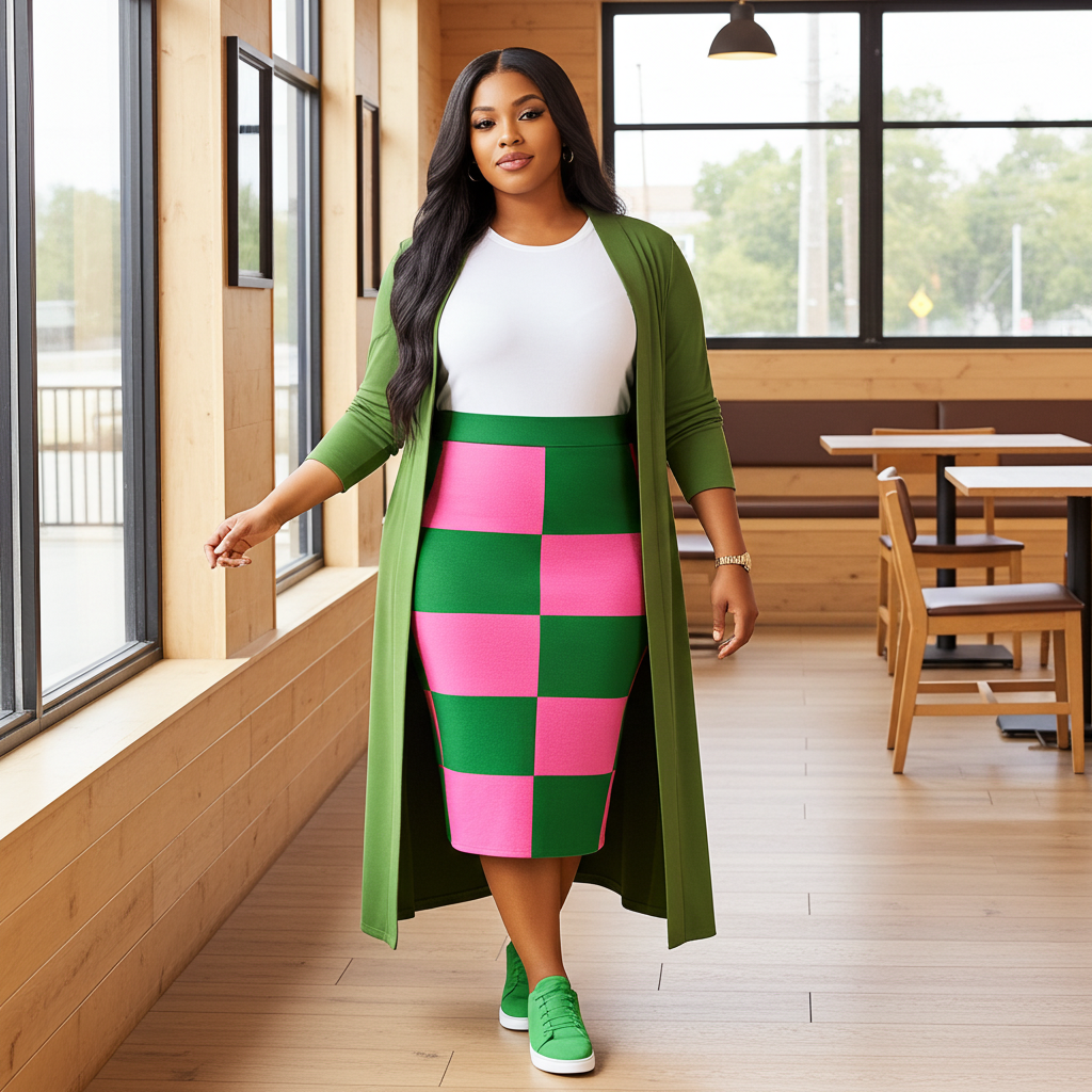 Woman in a green cardigan and colorful skirt standing in a modern cafe.