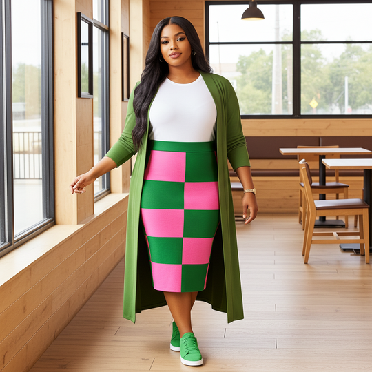 Woman in a green cardigan and colorful skirt standing in a modern cafe.