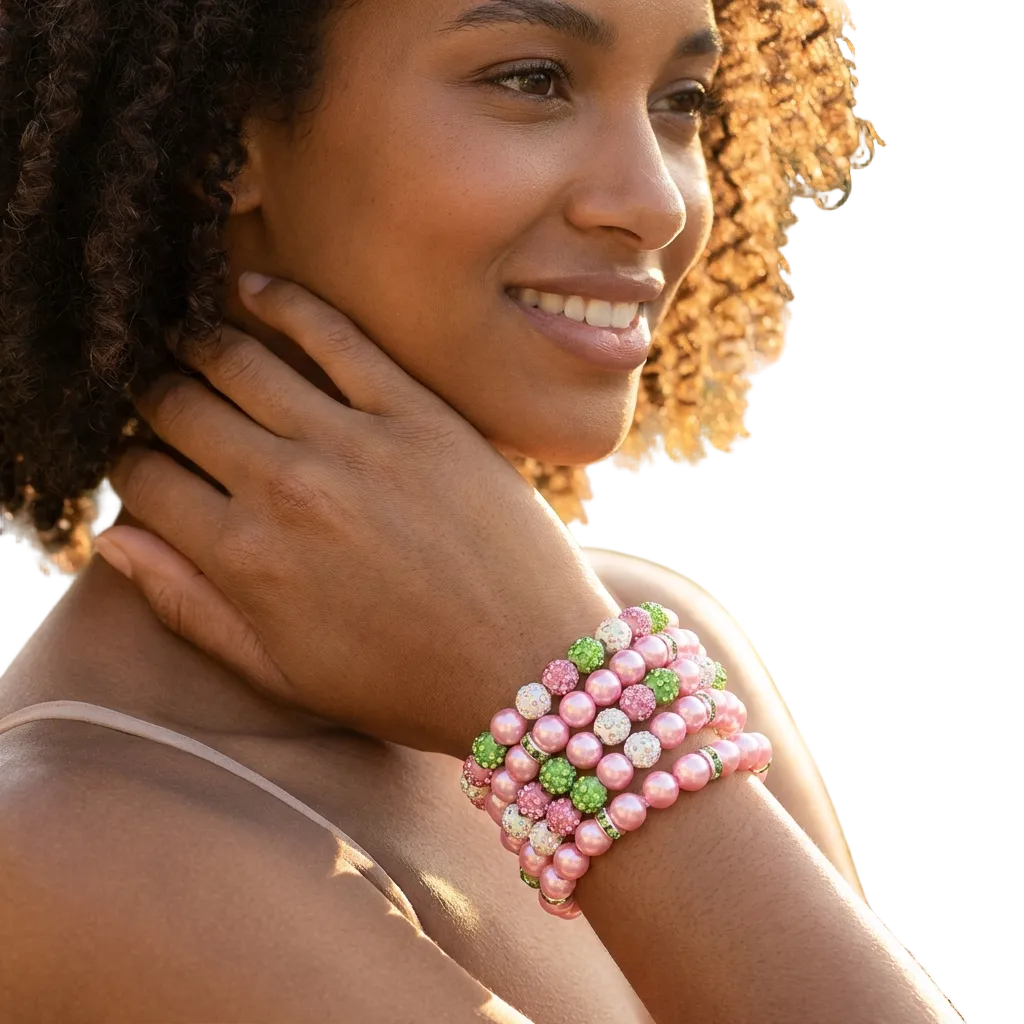Woman wearing a pink beaded bracelet with green accents outdoors