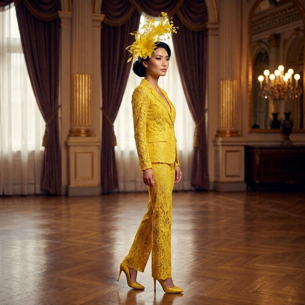 Woman in a yellow lace outfit standing in an opulent room with chandeliers.