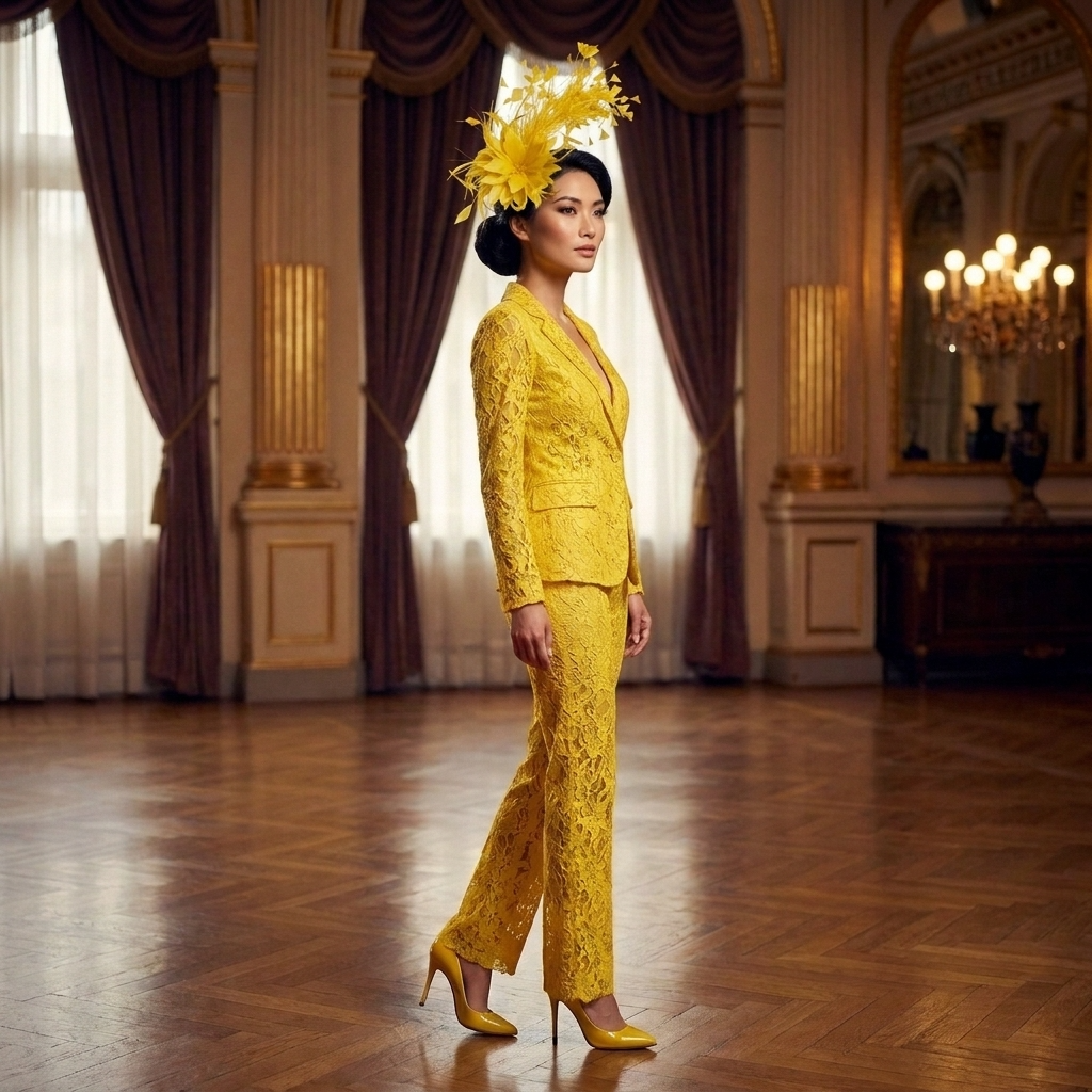 Woman in a yellow lace outfit standing in an opulent room with chandeliers.