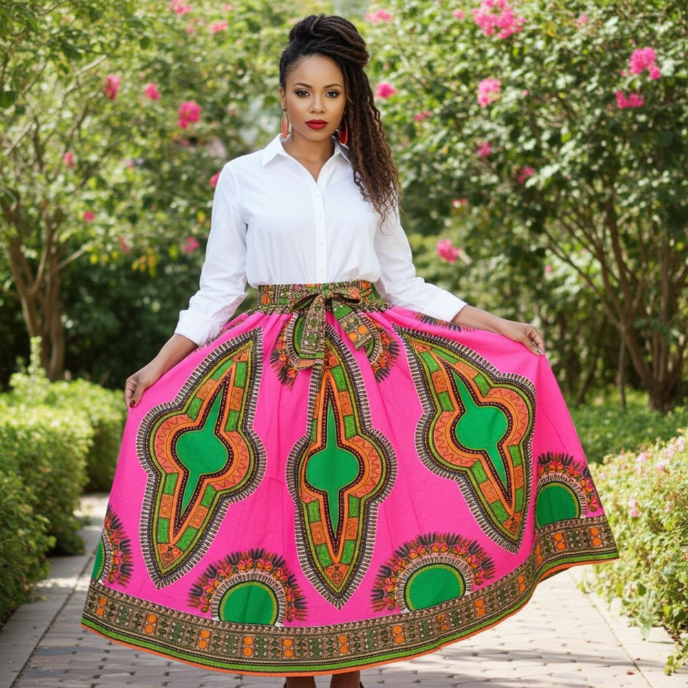 Falda larga maxi: Dashiki rosa