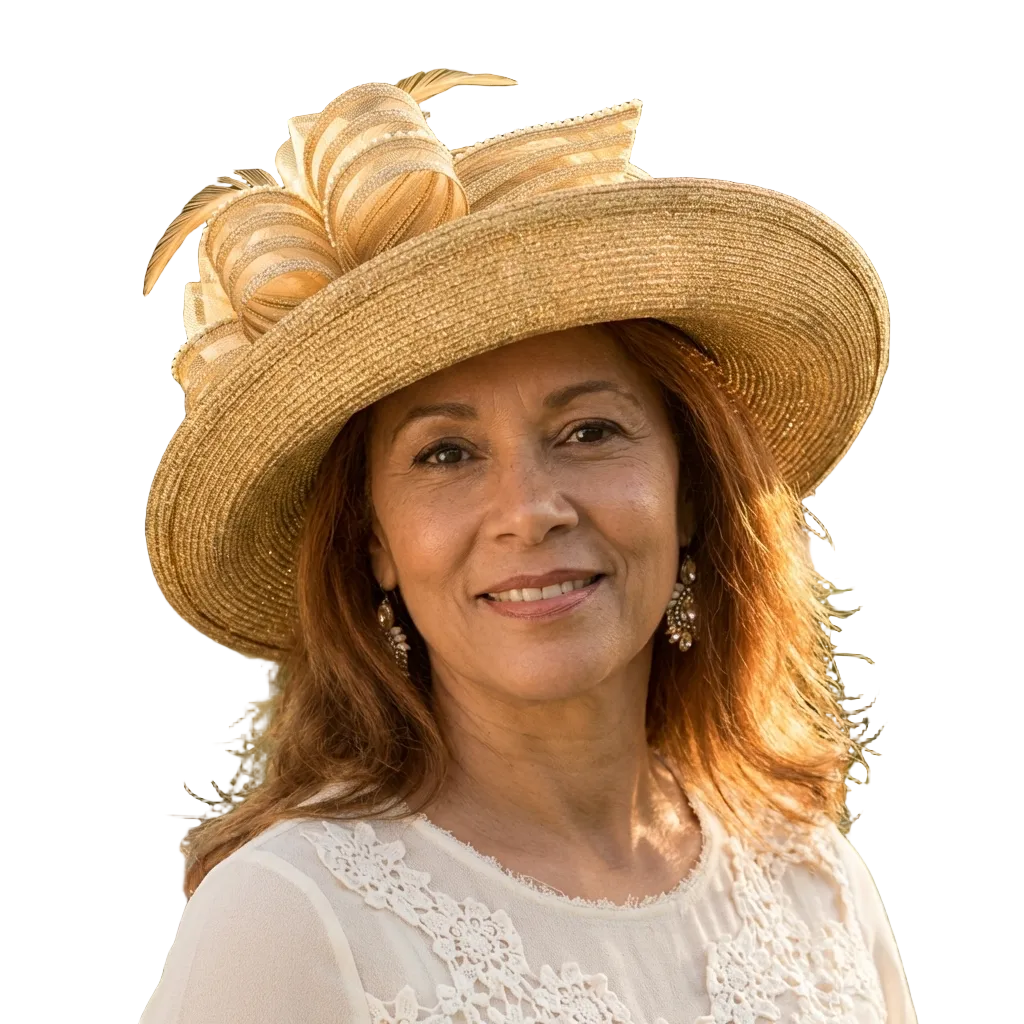 Woman wearing a decorative straw hat with feathers on a white background