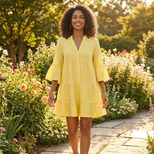 Vestido babydoll con escote Bardot y hombros descubiertos en amarillo rayo de sol