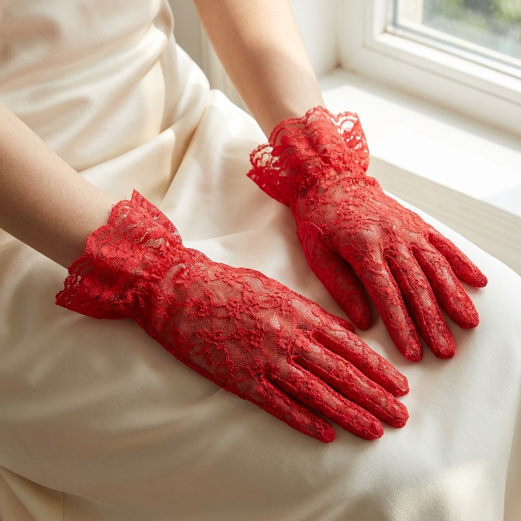 Red lace gloves being worn on a white surface with a window in the background