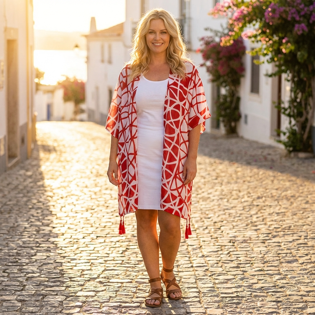 Woman wearing a red and white patterned kimono over a white dress on a sunlit street.