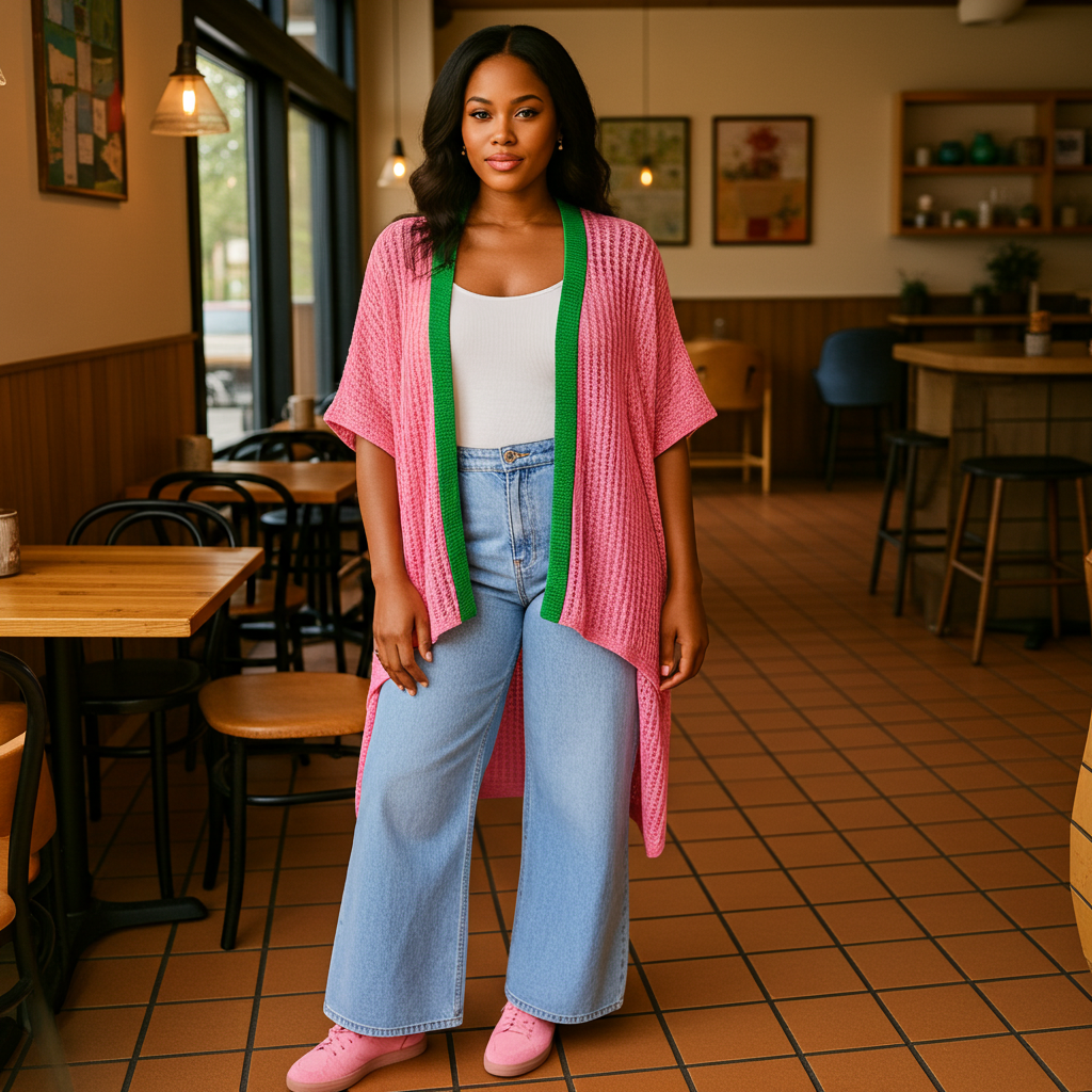 Kimono de crochet rosa y verde