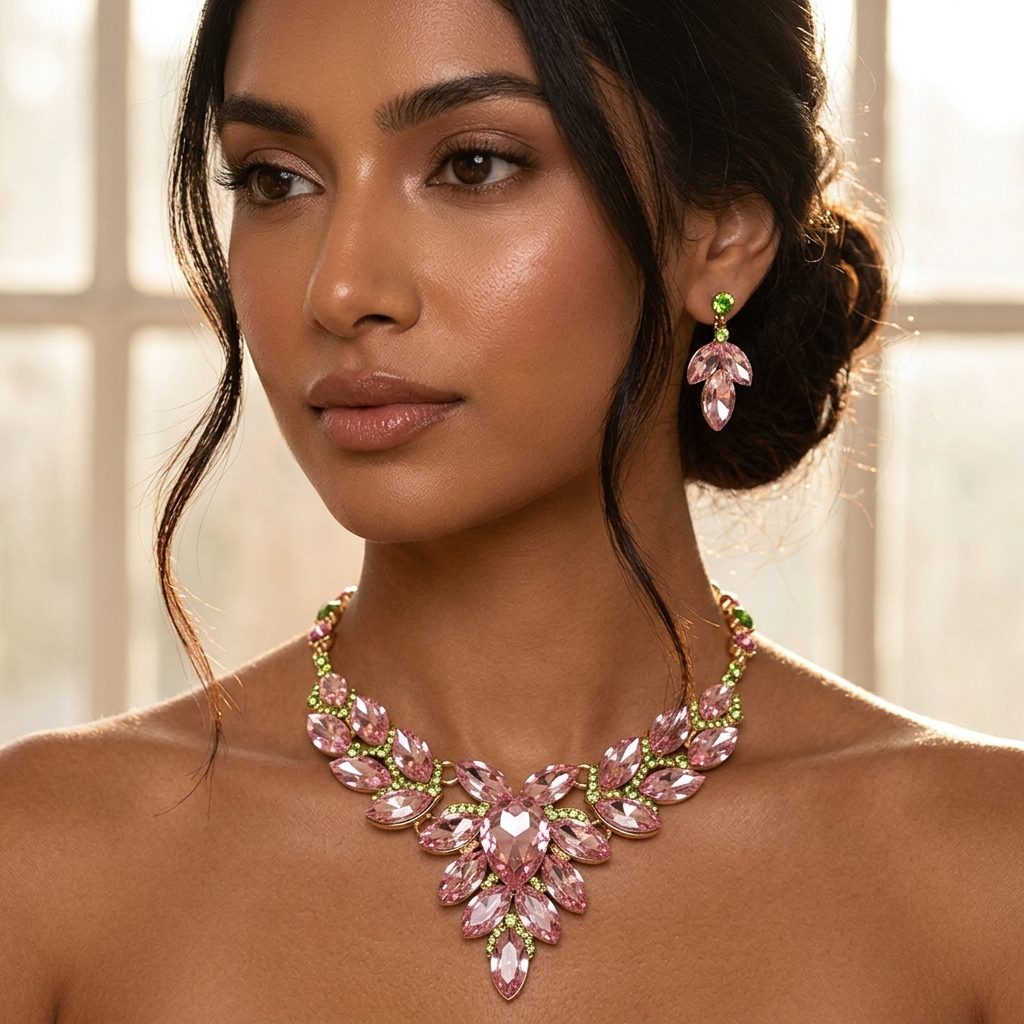 Pink and Green Marquise Crystal Evening Necklace and Earrings Set
