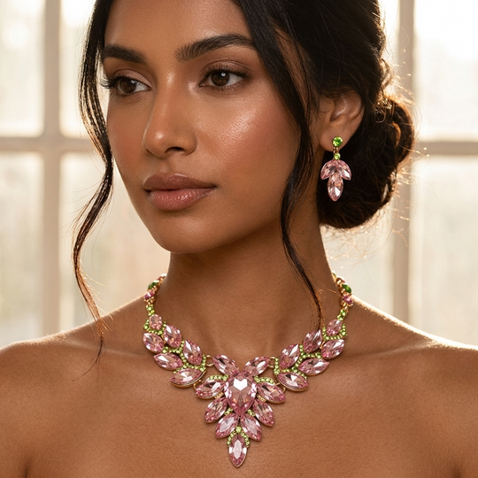 Pink and Green Marquise Crystal Evening Necklace and Earrings Set