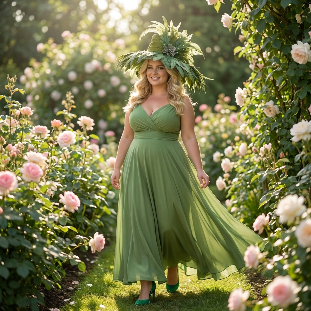 Woman in a green dress and hat standing among flowers
