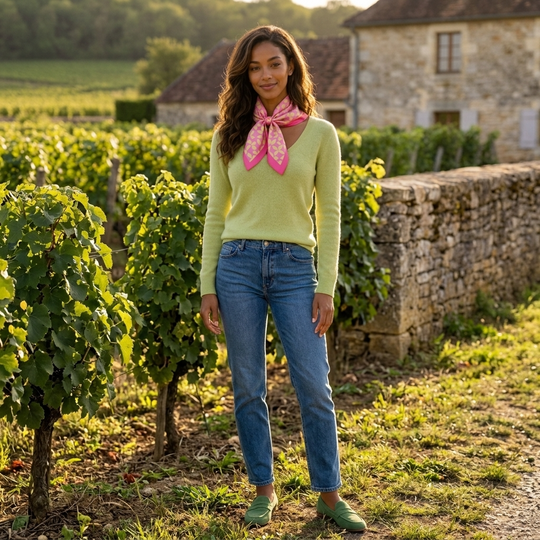 Woman standing in a vineyard wearing a green sweater and blue jeans with a pink scarf.
