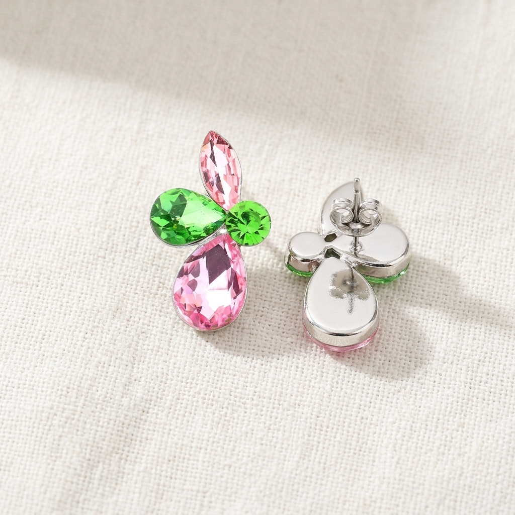 Pink and Green Teardrop Crystal Cluster Earrings