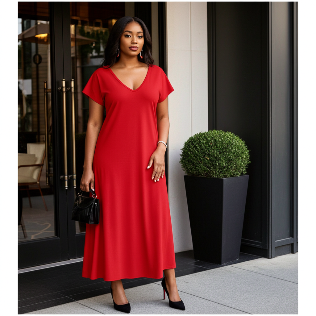 Woman in a red dress standing outside a building with a potted plant nearby.
