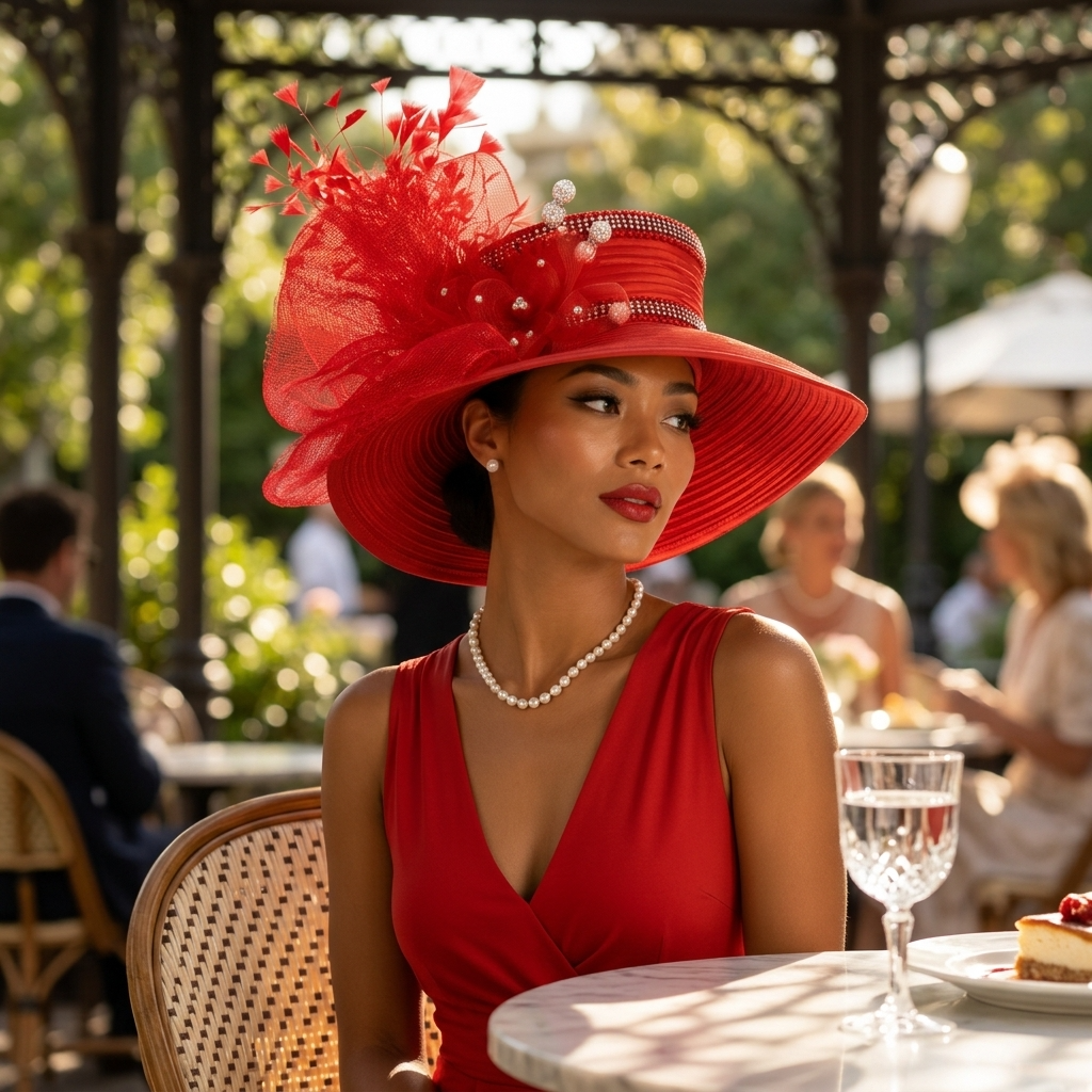 Satin Sailor Hat with Mesh Crinoline Bow - Red