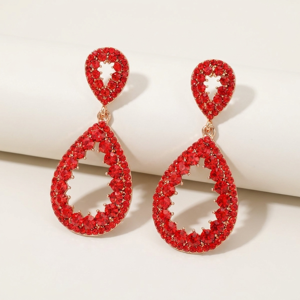Crystal Teardrop Open Dangle Earrings – Red Rhinestone Statement Earrings