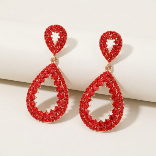 Crystal Teardrop Open Dangle Earrings – Red Rhinestone Statement Earrings