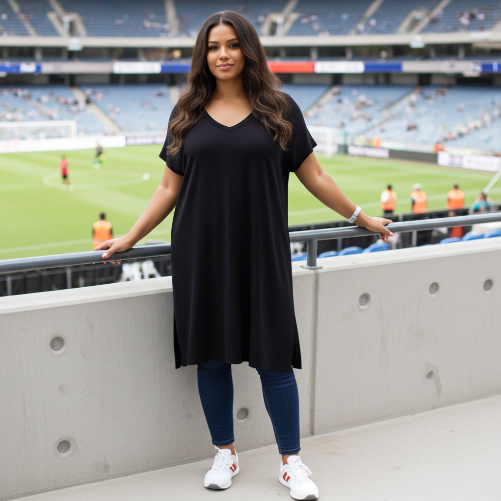 Woman in a black dress standing in front of a sports stadium