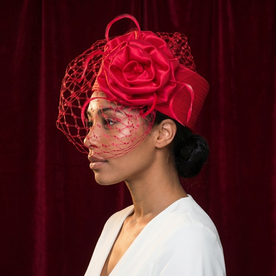 Red Pillbox Hat with Veil and Flower