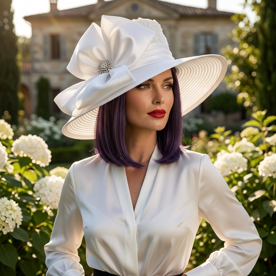 A woman wearing a large white wide-brimmed hat with a prominent bow and jeweled center, paired with a white satin blouse, standing in a garden with white flowers and a building in the background.