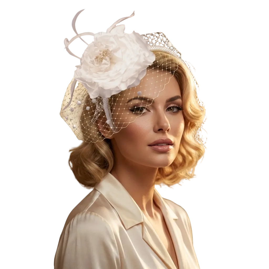 Woman wearing a decorative white headpiece indoors with soft lighting