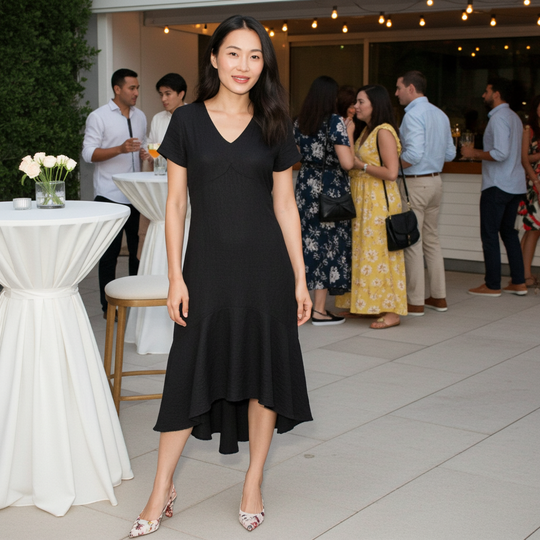 Woman in a black dress standing at an outdoor event with people and tables in the background.