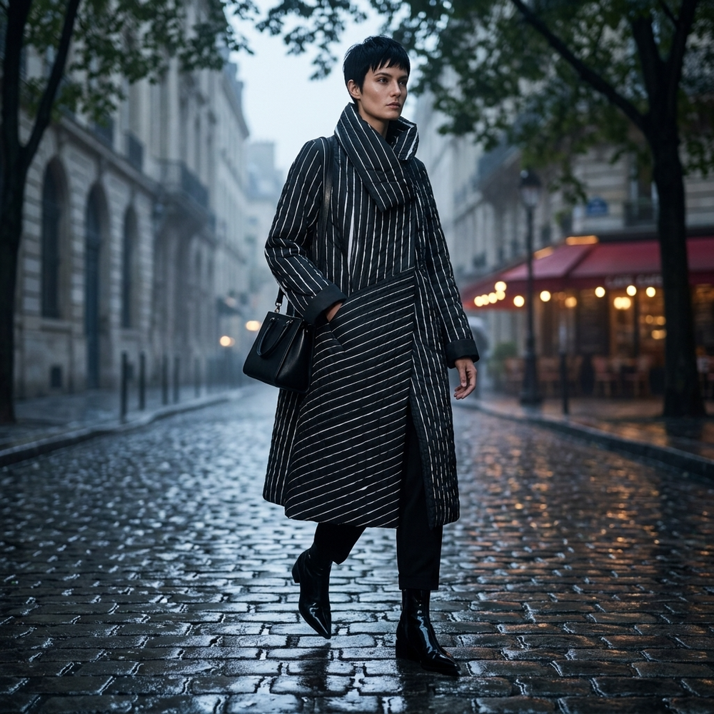 A person walking down a wet cobblestone street wearing a long black coat with thin white vertical stripes, black pants, black boots, and carrying a black shoulder bag.
