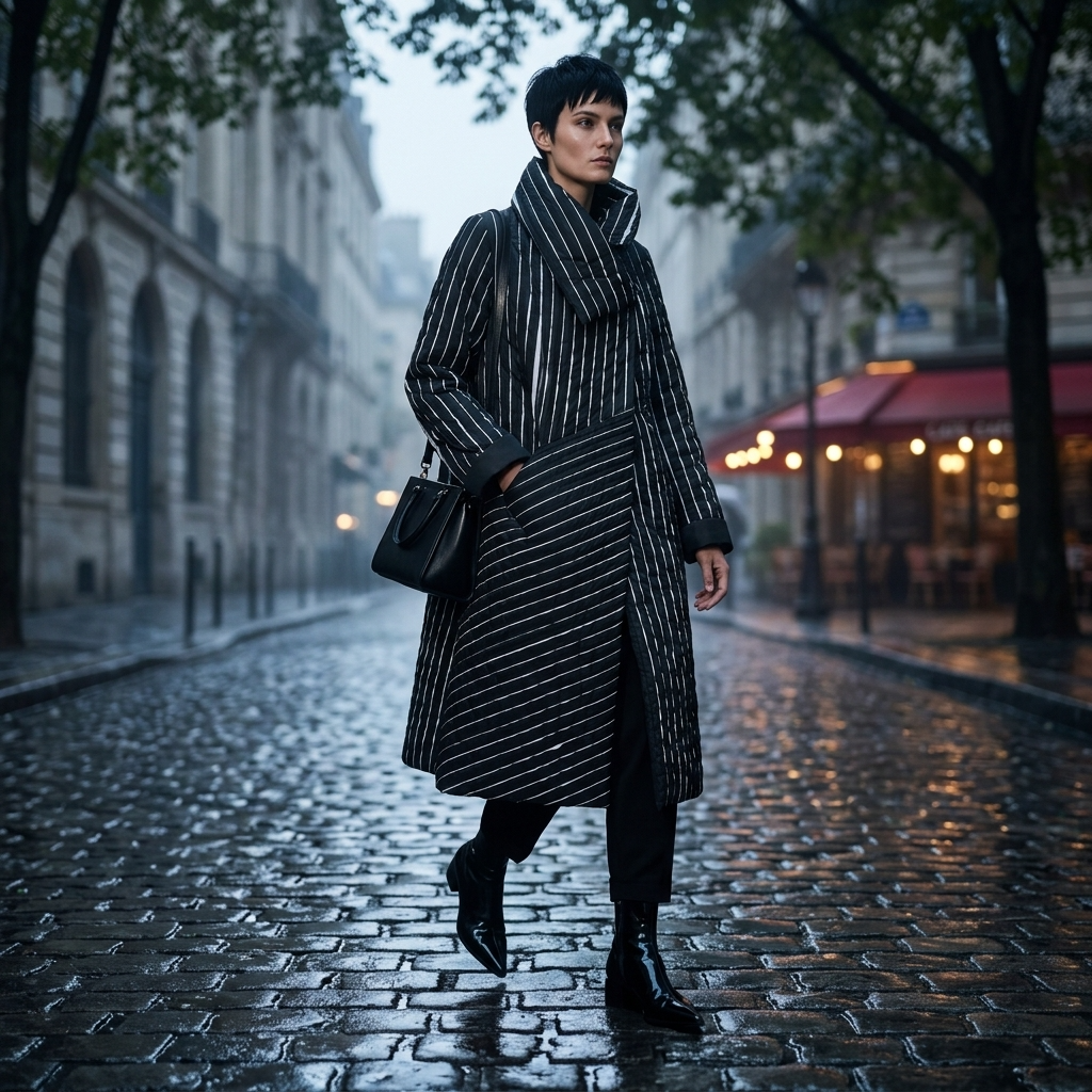 A person walking down a wet cobblestone street wearing a long black coat with thin white vertical stripes, black pants, black boots, and carrying a black shoulder bag.