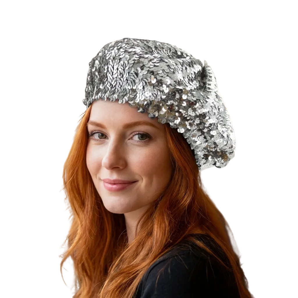 Woman wearing a silver sequin headband in a blurred indoor setting with lights.