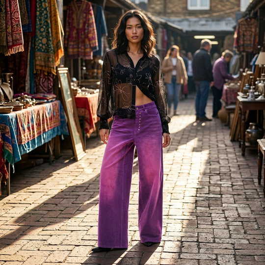 A woman stands in a sunlit outdoor market street wearing a sheer black patterned long-sleeve top and bright purple wide-leg pants. Market stalls with textiles and furniture are visible in the background.