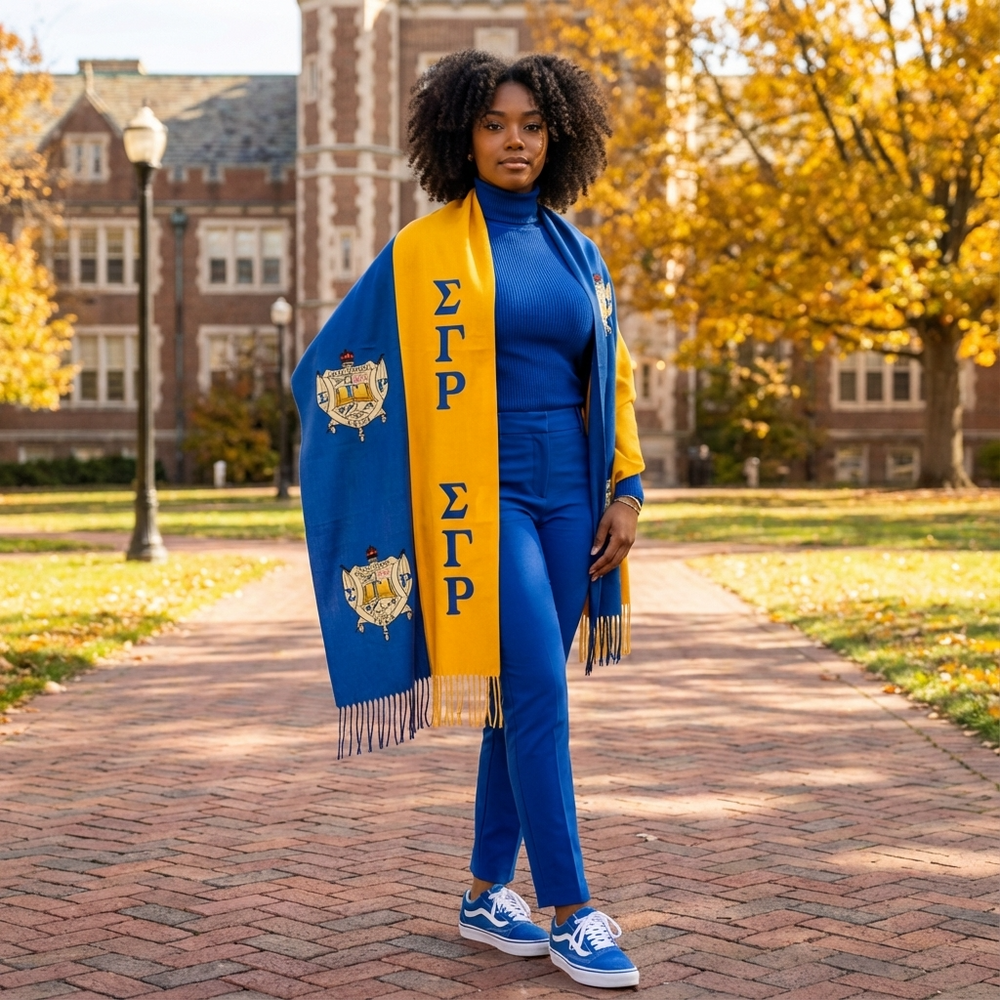 Person wearing a blue and yellow sorority sash on a college campus with fall foliage.