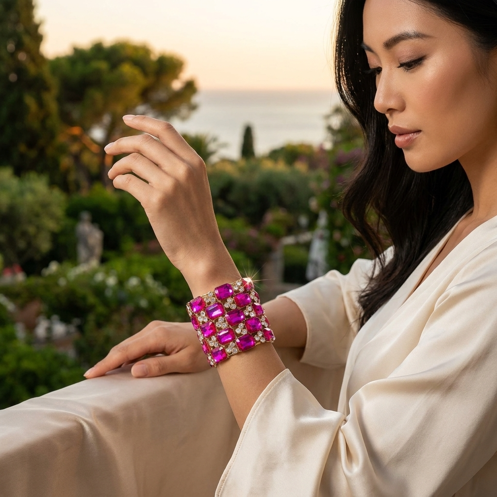 Fuschia Emerald Cut Crystal Stretch Evening Bracelet