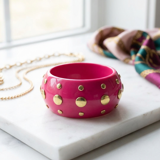Bowie Bangle Bracelet – Colored Resin Cuff with Gold-Plated Studs - Pink