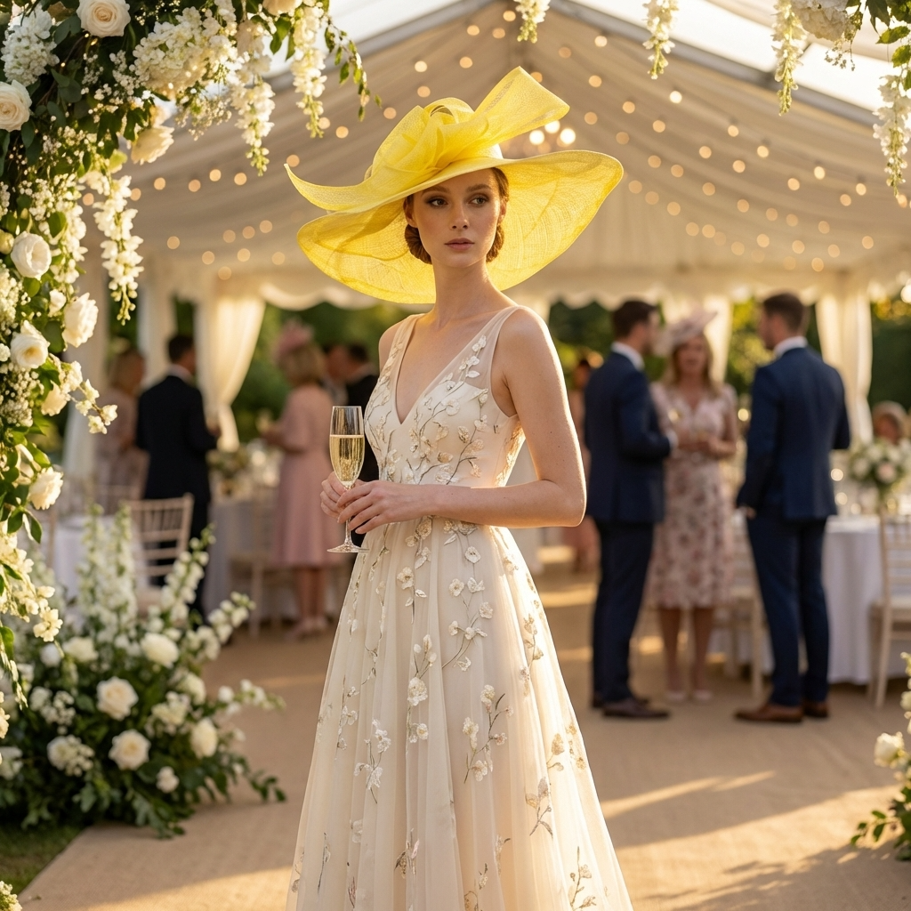Yellow Sinamay Wide Brim Hat with Abstract Bow